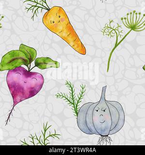 Motif sans couture végétal aquarelle. Illustration avec ail, carotte, betterave et légumes verts. Illustration dans le style de dessin animé. Banque D'Images