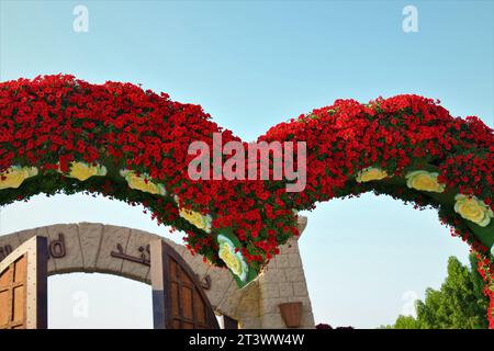 1 janvier 2015, Dubaï, Émirats arabes Unis. Pétunias et papillons décorés de fleurs au Dubai Miracle Garden Banque D'Images