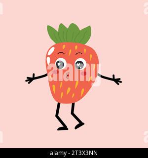 mignon personnage de dessin animé fraise sur la couleur rose Illustration de Vecteur