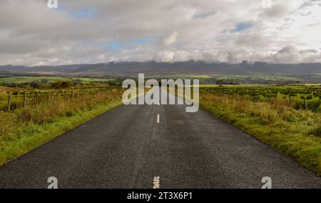 Un peu droit de route goudronnée à travers la campagne avec des felles lointaines légèrement couvertes par des nuages bas. Banque D'Images
