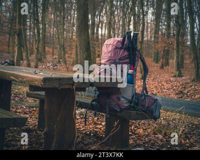 Sac à dos de trekking d'expédition sur un banc en bois dans une forêt d'automne remplie de bâtons de randonnée de bouteille d'eau Banque D'Images