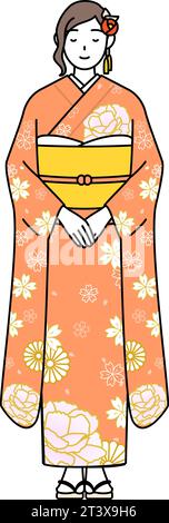 Hatsumode aux cérémonies du nouvel an et de l'âge adulte, cérémonies de remise des diplômes, mariages, etc., femme en furisode s'inclinant avec les mains pliées, Vector Illustr Illustration de Vecteur