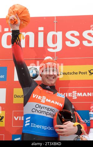 Felix LOCH Siegerehrung Viessmann Rodel Welt Cup Herren à Koenigssee, Deutschland am 04.01.2015 Banque D'Images