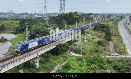 (231027) -- QINZHOU, 27 octobre 2023 (Xinhua) -- cette photo aérienne prise le 9 octobre 2023 montre un train de marchandises circulant le long du nouveau corridor commercial international terre-mer, dans la région autonome de Guangxi Zhuang, dans le sud de la Chine. Au 26 octobre de cette année, quelque 700 000 conteneurs de marchandises équivalent vingt pieds (EVP) avaient été transportés par des trains intermodaux rail-mer à travers le nouveau corridor commercial international terre-mer, en hausse de 14,8 pour cent en glissement annuel, les données du China Railway Nanning Group Co., Ltd. Ont montré. Le corridor couvre maintenant 18 provinces et 69 villes en Chine, et sa portée a été étendue Banque D'Images