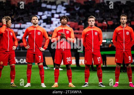 Trnava, Slovaquie. 26 octobre 2023. Les joueurs du FC Nordsjaelland s'alignent pour le match de l'UEFA Conference League opposant le Spartak Trnava au FC Nordsjaelland au stade Anton Malatinsky de Trnava. (Crédit photo : Gonzales photo/Alamy Live News Banque D'Images