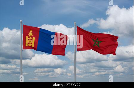 Drapeaux du Maroc et de la Mongolie agitant ensemble sur un ciel nuageux bleu, concept de relation entre deux pays Banque D'Images