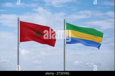 Drapeaux du Gabon et du Maroc agitant ensemble sur un ciel nuageux bleu, concept de relation entre deux pays Banque D'Images