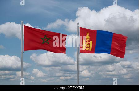 Drapeaux Mongolie et Maroc agitant ensemble dans le vent sur ciel nuageux bleu, concept de relation entre deux pays Banque D'Images