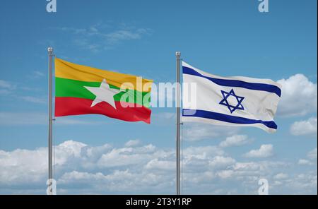 Drapeaux Israël et Myanmar agitant ensemble sur un ciel nuageux bleu, concept de relation entre deux pays Banque D'Images