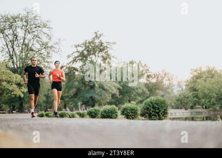 Après-midi Cardio : couple actif profitant de l'entraînement en plein air dans le parc Banque D'Images