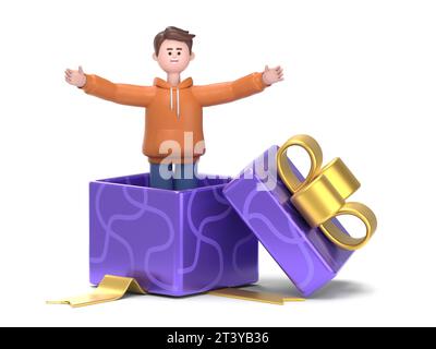 Illustration 3D du gars masculin Qadir à travers la boîte cadeau. Rendu 3D sur fond blanc. Banque D'Images