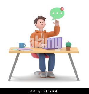 Illustration 3D d'un homme Qadir assis à la table avec un ordinateur portable. Social media concept.3D rendu sur fond blanc. Banque D'Images