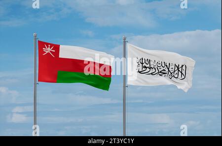 Drapeaux Oman et Afghanistan agitant ensemble dans le vent sur un ciel nuageux bleu Banque D'Images