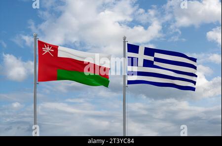 Drapeaux de la Grèce et d'Oman agitant ensemble sur un ciel nuageux bleu, concept de relation entre deux pays Banque D'Images