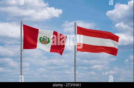 Drapeaux de l'Autriche et du Pérou agitant ensemble sur un ciel nuageux bleu, concept de relation entre deux pays Banque D'Images