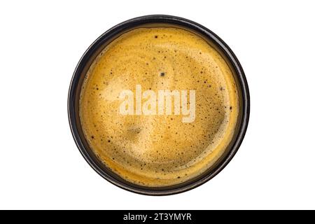 café dans une tasse noire sur un fond blanc vue de dessus Banque D'Images