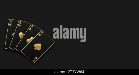 Un fan de main de cartes à jouer composé de quatre As de pique, diamants, trèfle, cœur noirs et dorés. Vector illustration poker et casino de tout th Illustration de Vecteur