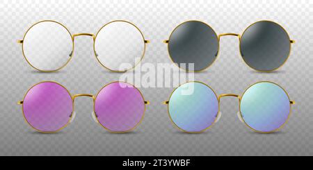 Vecteur réaliste incolore, noir, rose et violet cadre rond lunettes ensemble de cadre en gros plan isolé. Lunettes de soleil transparentes pour femmes et hommes. Optique Illustration de Vecteur