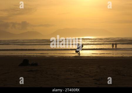 Silhouette d'une personne surfant à la plage de pouce au coucher du soleil avec des nageurs dans l'eau - Dingle Peninsula, Kerry, Irlande. Concept pour la natation en eau froide Banque D'Images