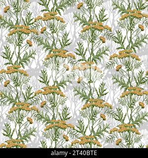 Tansy Seamless Pattern. Fond aquarelle dessiné à la main avec des herbes jaunes et des feuilles vertes sur fond isolé. Papier peint vintage floral. Illustration pour papier d'emballage ou design textile. Banque D'Images