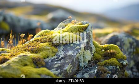 Gros plan de lichens colorés poussant sur un rocher dans la toundra. Différentes nuances de vert, jaune, orange et rouge, et ils contrastent magnifiquement avec le Banque D'Images