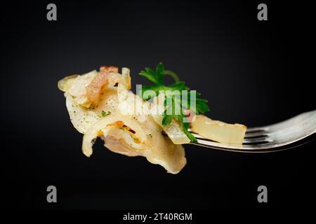 Boulettes ukrainiennes farcies de pommes de terre et de champignons, servies avec des oignons frits. Isolé sur fond noir. Photo de haute qualité Banque D'Images