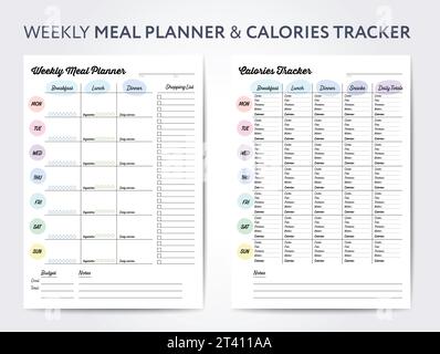 Planificateur de repas hebdomadaire et traqueur de calories, planificateur numérique avec liste de courses Illustration de Vecteur