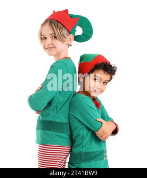 Mignons petits enfants en costumes d'elfes isolé sur fond blanc Banque D'Images