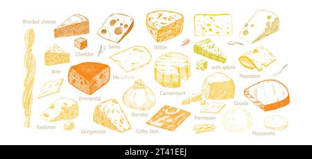 Aquarelle de différents types de fromages avec morceaux coupés, lait produit laitier. Illustration de délicieux plats dessinés à la main, isolée sur fond blanc Illustration de Vecteur