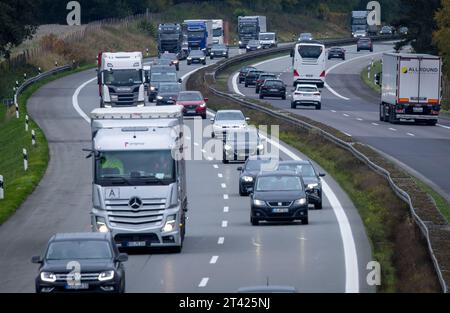 Bandenitz, Allemagne. 27 octobre 2023. Les voitures empruntent l'autoroute A24 en direction de Hambourg. Les habitants du quartier Ludwigslust-Parchim acceptent les trajets les plus longs pour travailler en Allemagne. Selon les calculs de l'Institut fédéral de recherche sur la construction, les affaires urbaines et le développement spatial (BBSR) à Bonn, le trajet moyen pour y travailler était de 28,6 kilomètres par jour en 2022. Crédit : Jens Büttner/dpa/Alamy Live News Banque D'Images