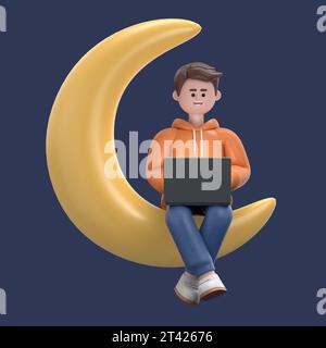 Illustration 3D du gars masculin Qadir travaille sur un ordinateur portable et se trouve sur le croissant de lune doré tard dans la nuit dans l'espace. Rendu 3D sur fond bleu. Banque D'Images