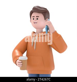 Illustration 3D de gars masculin Qadir tenir café et parler smartphone.3D rendu sur fond blanc. Banque D'Images