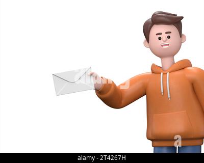 Illustration 3D du gars masculin Qadir tenant l'enveloppe, rendu 3D sur fond bleu. Banque D'Images