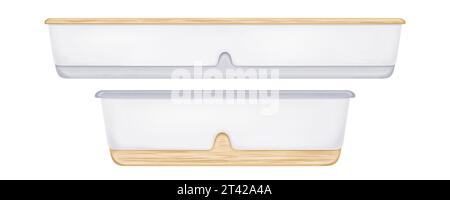 Un ensemble de longs pots de jardin blancs avec des éléments en bois pour la croissance de la verdure et des plantes. Outils de jardin, articles de décoration à la maison, vase à fleurs, plateau d'alimentation, desig Banque D'Images