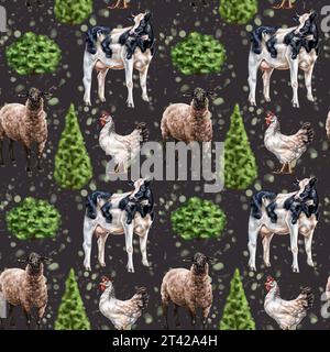 Modèle sans couture de leurs moutons et vaches de ferme. Vie rurale simple sur les pâturages, les animaux de ferme, la nature et les plantes. Style provincial. Troupeau domestique sur le r Banque D'Images