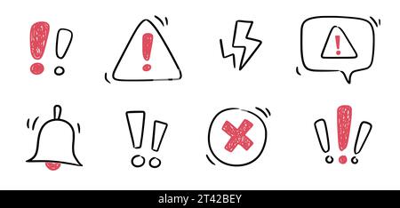 Point d'exclamation Doodle, signe d'alerte danger défini. Griffonner un griffon dessiné à la main, un triangle d'exclamation, un avertissement d'arrêt, un panneau de danger. Panneau d'information sur le danger dessiné à la main. Illustration vectorielle Illustration de Vecteur