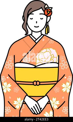 Hatsumode aux cérémonies du nouvel an et de l'âge adulte, cérémonies de remise des diplômes, mariages, etc., femme en furisode s'inclinant avec les mains pliées, Vector Illustr Illustration de Vecteur
