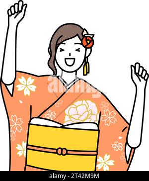 Hatsumode aux cérémonies du nouvel an et de l'âge adulte, cérémonies de remise des diplômes, mariages, etc., femme en furisode souriant et sautant, Illustration vectorielle Illustration de Vecteur