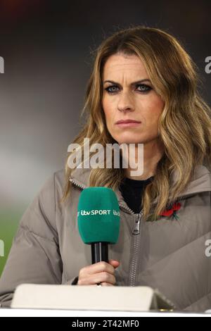 Leicester, Royaume-Uni. 27 octobre 2023. Karen Carney, présentatrice sportive ITV/expert, lors du match Angleterre - Belgique UEFA Women's Nations League, au King Power Stadium, Leicester, Royaume-Uni, le 27 octobre 2023. Crédit : Paul Marriott/Alamy Live News Banque D'Images