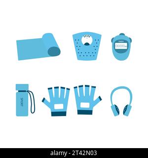Divers équipements sportifs. Appareils de fitness, accessoires de yoga et de gym. Tapis, pèse-personne et minuterie, bouteille d'eau et gants et cache-oreilles. Le concept de Illustration de Vecteur