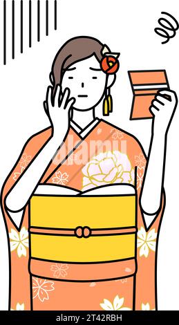 Hatsumode aux cérémonies du nouvel an et de l'âge adulte, cérémonies de remise des diplômes, mariages, etc., femme en furisode regardant son carnet de banque et se sentant depr Illustration de Vecteur