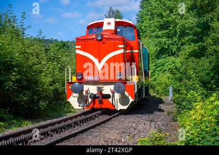 DESNA, TCHÉQUIE - JUILLET 02 : locomotive à crémaillère de la série T426.0, surnommée l'autrichienne, tchèque : Rakusanka, sur le chemin de fer à crémaillère entre Tanvald et Korenov, Tchéquie Banque D'Images