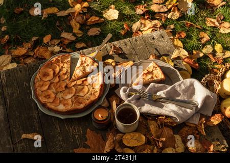 Vue aérienne d'une tasse de thé et d'une tarte aux pommes sur une table de jardin couverte de feuilles d'automne, Biélorussie Banque D'Images