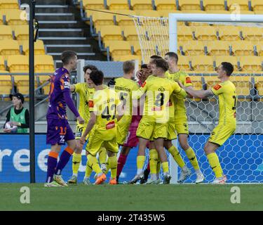 Wellington, Nouvelle-Zélande. 28 octobre 2023. Wellington Phoenix célèbre la sauvegarde des penalties du gardien Alexander Paulsen. Wellington Phoenix v Perth Glory. A-League Men. Sky Stadium. Wellington. Nouvelle-Zélande (Joe SERCI/SPP) crédit : SPP Sport Press photo. /Alamy Live News Banque D'Images