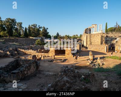 Ruines de l'amphithéâtre romain de Mérida, à Mérida, Estrémadure, Espagne. Tourisme et concept de voyage. Banque D'Images