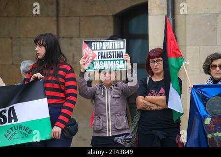 Aviles, Espagne, 28 octobre 2023 : une fille avec un signe avec 'Stop apartheid, Palestine rebelles' pendant le rassemblement en soutien à la Palestine, fin du génocide, fin de l'occupation, le 28 octobre 2023, à Aviles, Espagne . Crédit : Alberto Brevers / Alamy Live News. Banque D'Images