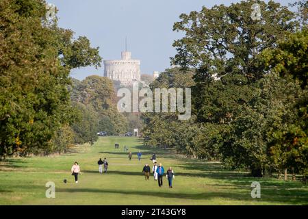 Windsor, Berkshire, Royaume-Uni. 28 octobre 2023. Vue sur la tour ronde du château de Windsor. C'était un jour de soleil et d'averses alors que les gens étaient dehors paître dans Windsor Great Park dans le Berkshire aujourd'hui. Crédit : Maureen McLean/Alamy Live News Banque D'Images