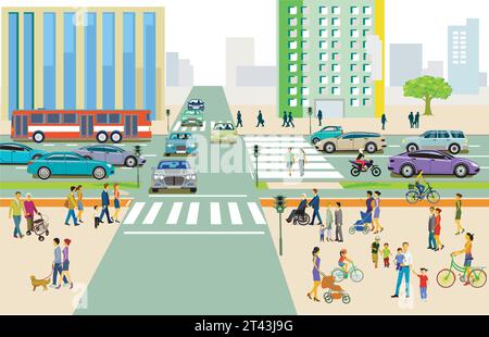 Silhouette urbaine d'une ville avec trafic et personnes, illustration Illustration de Vecteur