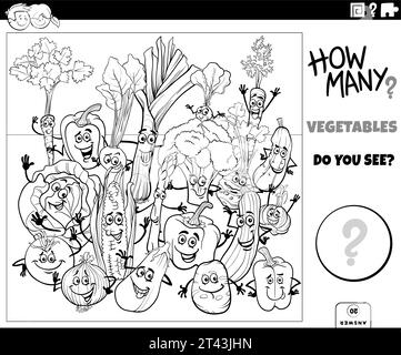 Illustration en noir et blanc de l'activité éducative de comptage avec la page de coloriage de personnages de légumes de dessin animé Illustration de Vecteur