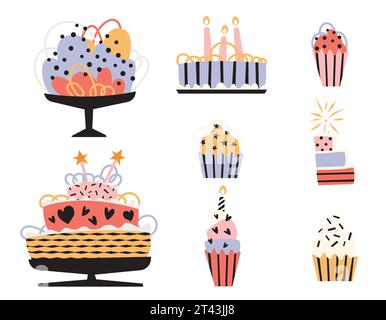 Collection vectorielle de gâteaux et cupcakes joyeux anniversaire. Desserts de vacances dans le style de dessin animé plat. Gâteaux à la crème avec accessoires pour les vacances Illustration de Vecteur